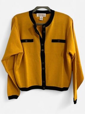 Casual Corner Vintage Wool Blend Yellow Cardigan with Black Trim
